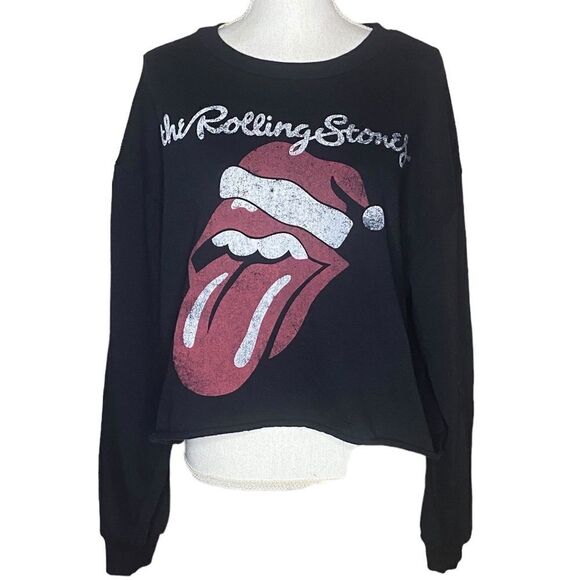 The Rolling Stones Wm’s Sz XXL Black Christmas Cropped Crew Sweatshirt - Picture 1 of 5